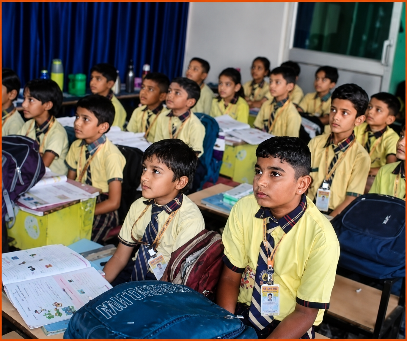 Students reading and learning in a classroom at Santosh Memorial Public School